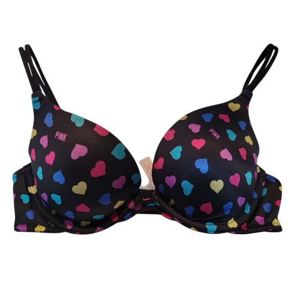 Victoria's Secret PINK Size 34B Black Colorful Hearts Print Push Up Bra - Picture 1 of 6
